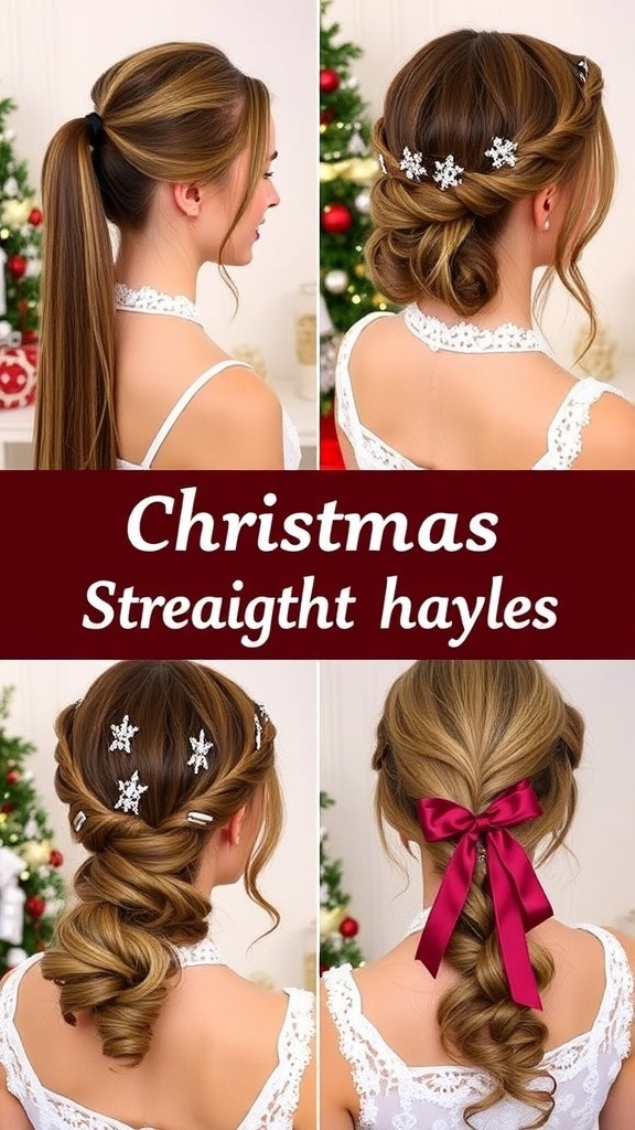 Collage of Christmas hairstyles for straight hair: sleek ponytail, twisted crown, low bun, and braided side ponytail with festive accessories.